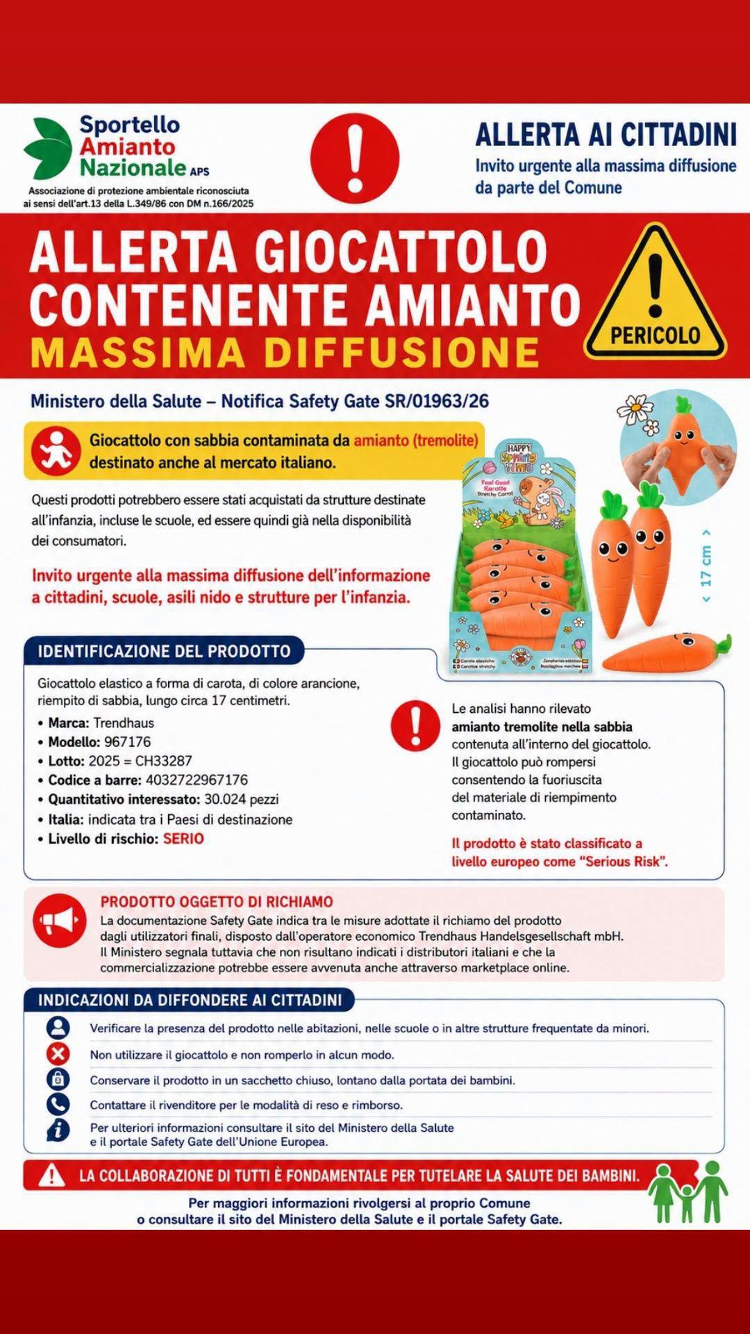 ALLERTA GIOCATTOLO CONTENENTE AMIANTO